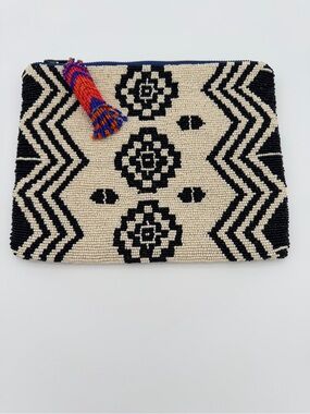 Anthropology Jasper & Jeera Breaded Clutch Black Cream Clutch Multicolor Tassel